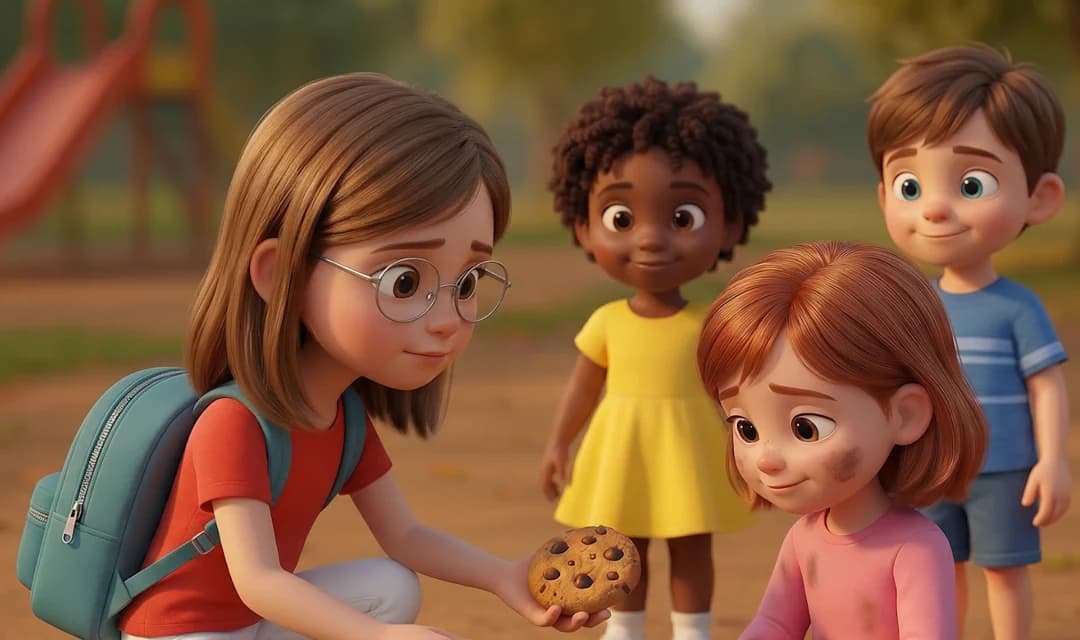 The girl kneels to offer a cookie to a classmate with a smudged cheek while two friends look on, on the playground in The Friendship Spark.