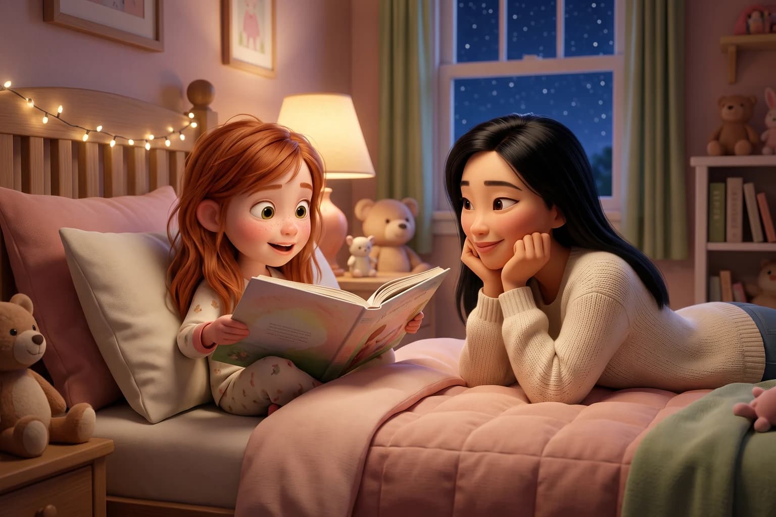 A red-haired girl sits up in bed reading a picture book aloud while her mother lies beside her, chin in hand, smiling.