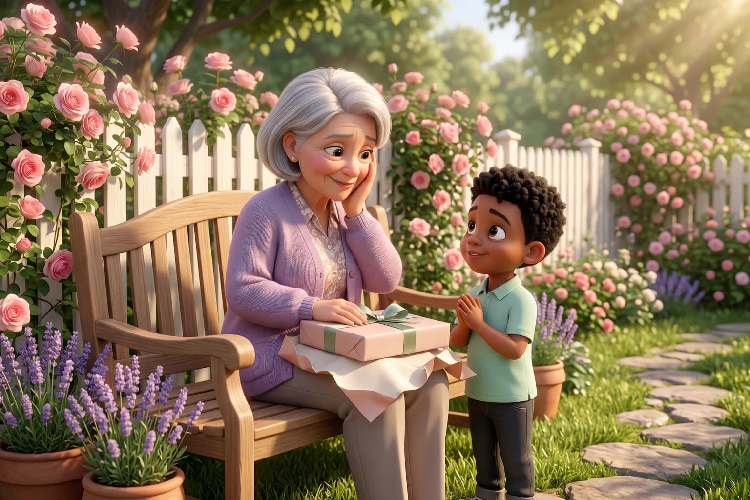 A grandmother on a garden bench unwraps a gift tied with a sage ribbon, one hand on her cheek, while her grandson watches proudly beside a fence of pink roses.