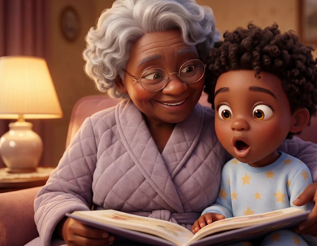 A grandmother in a lilac robe reads a picture book with her wide-eyed grandson tucked beside her in I Love You Grandma.
