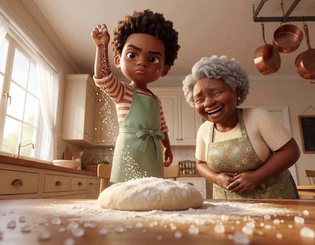 A boy throws a handful of flour above a ball of dough while his grandmother laughs beside him in the kitchen in I Love You Grandma.