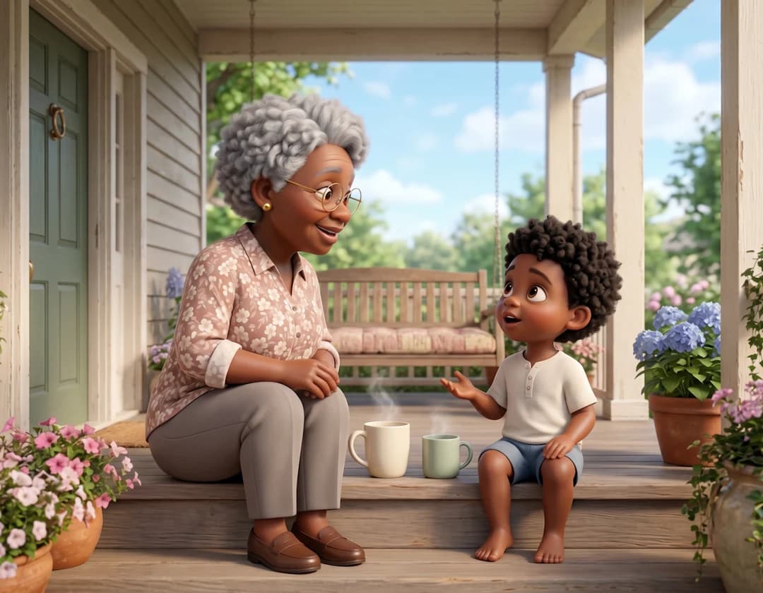 A grandmother and her grandson sit talking on the front porch steps with two mugs beside them in I Love You Grandma.