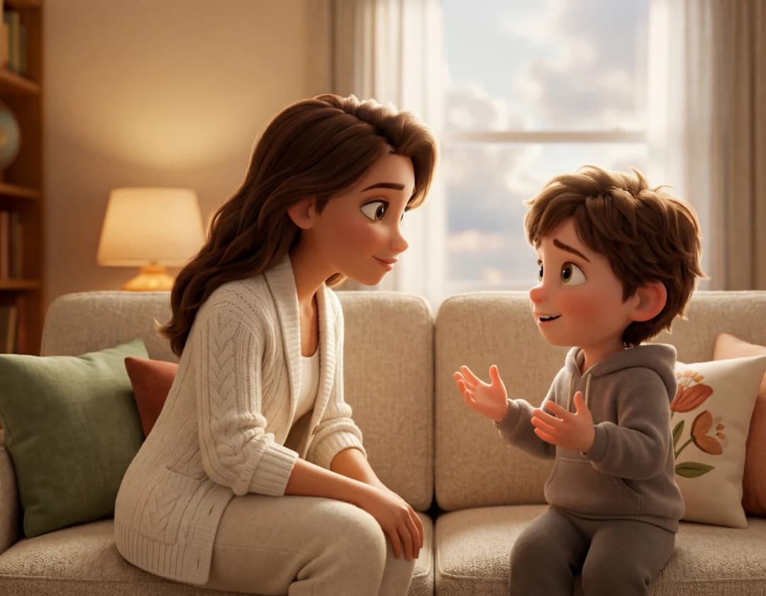 A boy talks with his hands while his mother leans in to listen on a cream sofa in I Love You Mom.