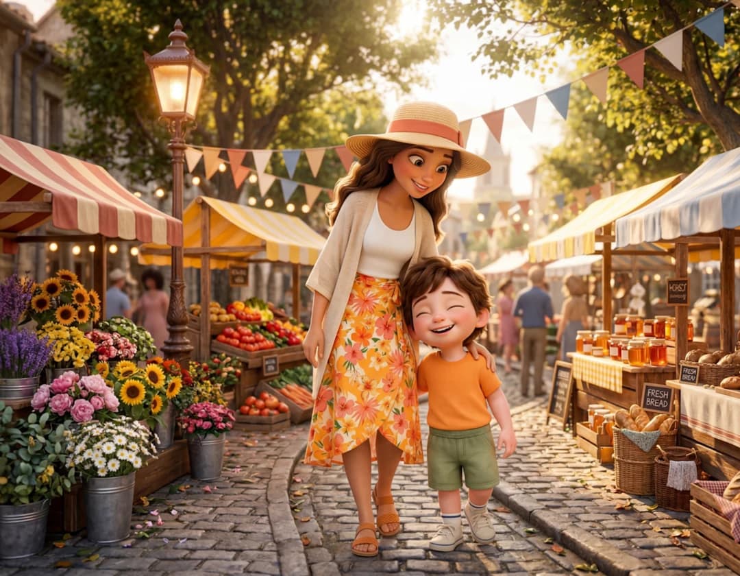 A mother in a sun hat walks hand in hand with her son through a flower market in I Love You Mom.