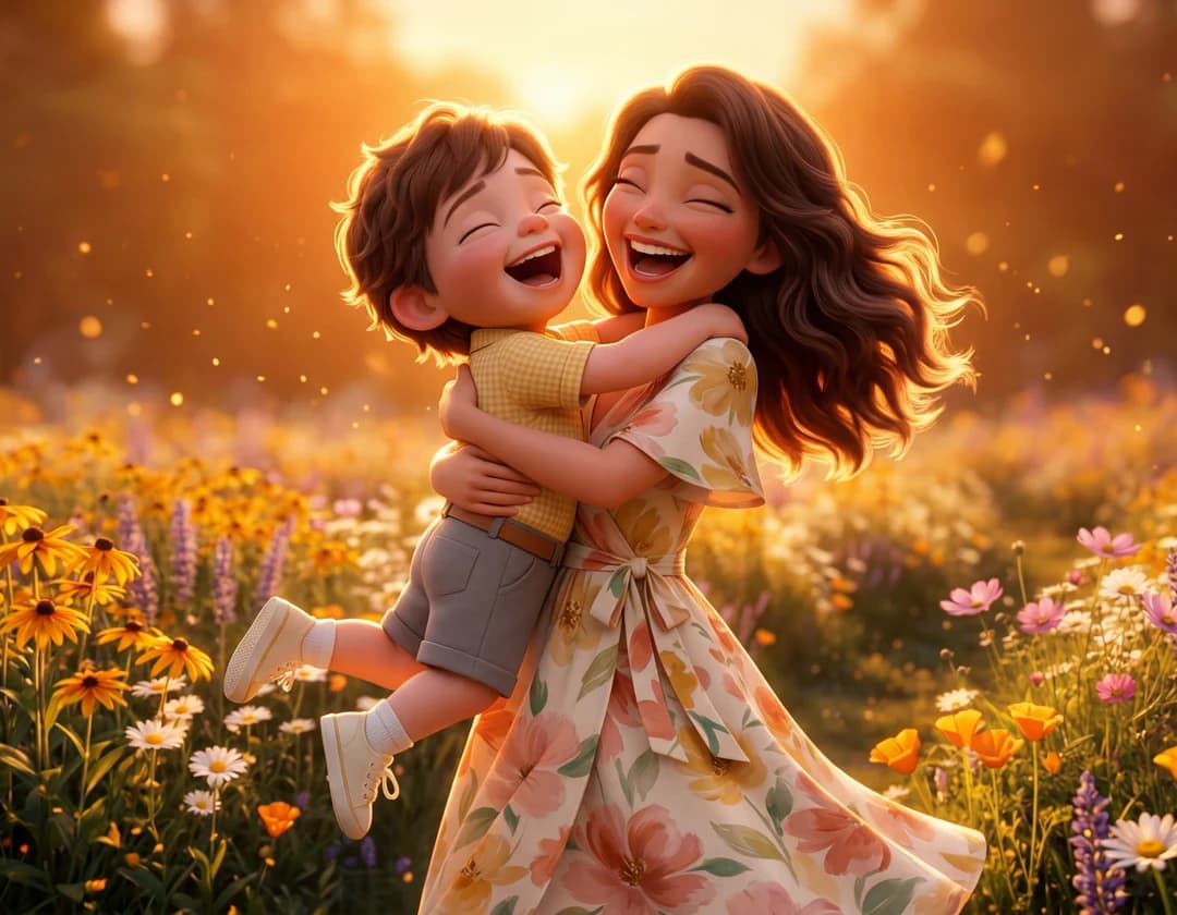 A mother lifts her laughing son in a hug in a sunlit meadow of wildflowers in I Love You Mom.