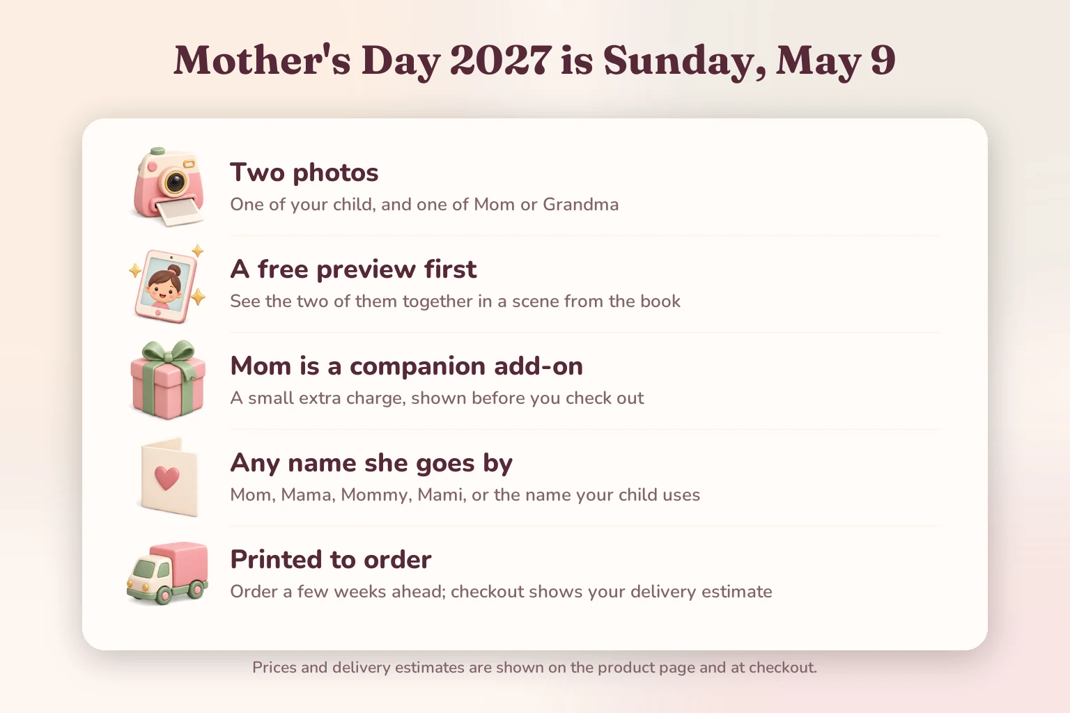 Mother's Day 2027 is Sunday, May 9. Before you order: two photos, a free preview first, Mom is a companion add-on, any name she goes by, and every book is printed to order.
