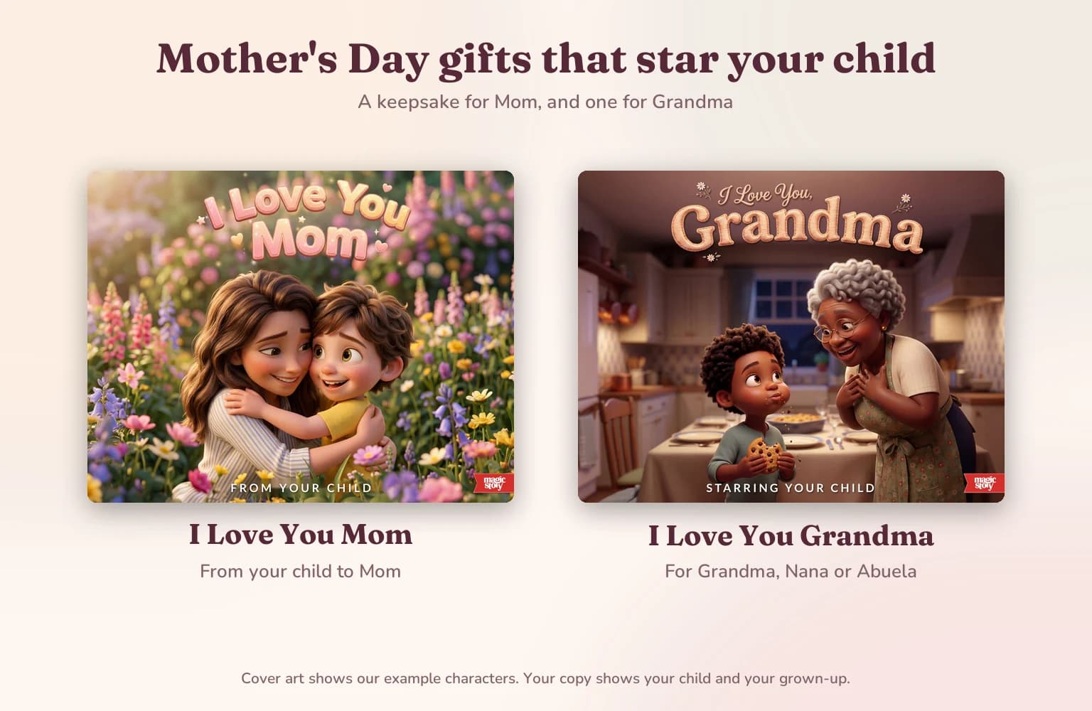 Cover art for two books: I Love You Mom, with a mother and son hugging in a flower garden, and I Love You Grandma, with a grandmother and grandson in her kitchen.