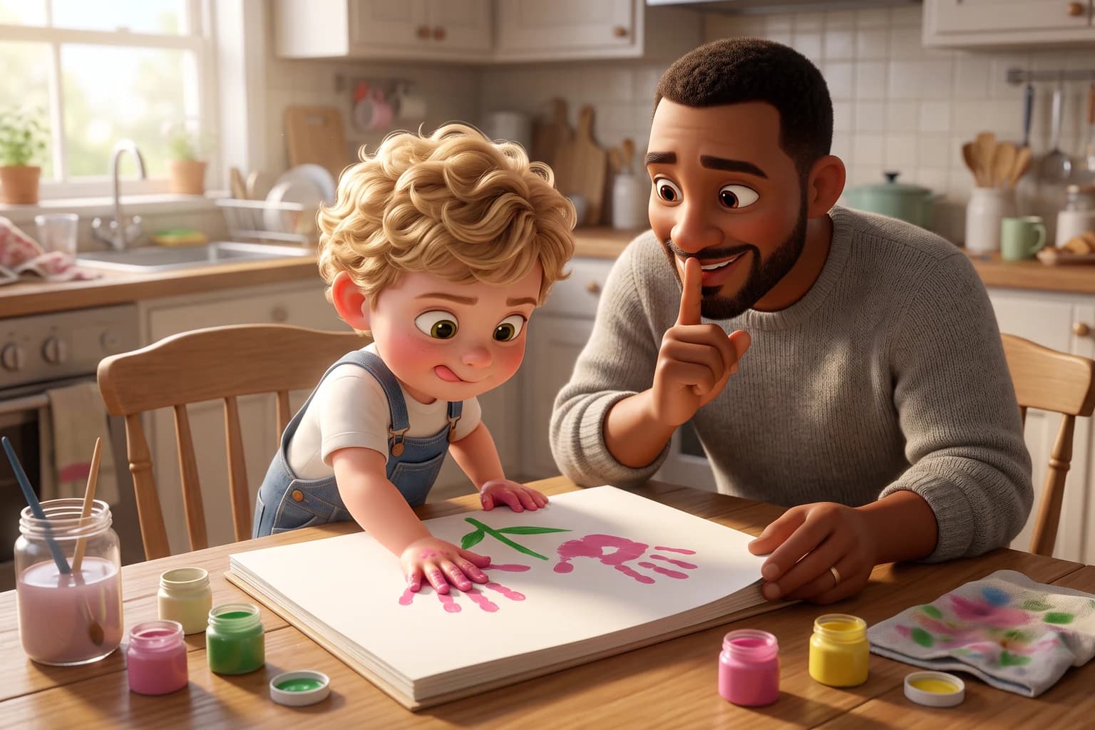 A toddler with blond curls presses a pink-painted hand onto paper to make a handprint flower while his father holds a finger to his lips, keeping the secret.
