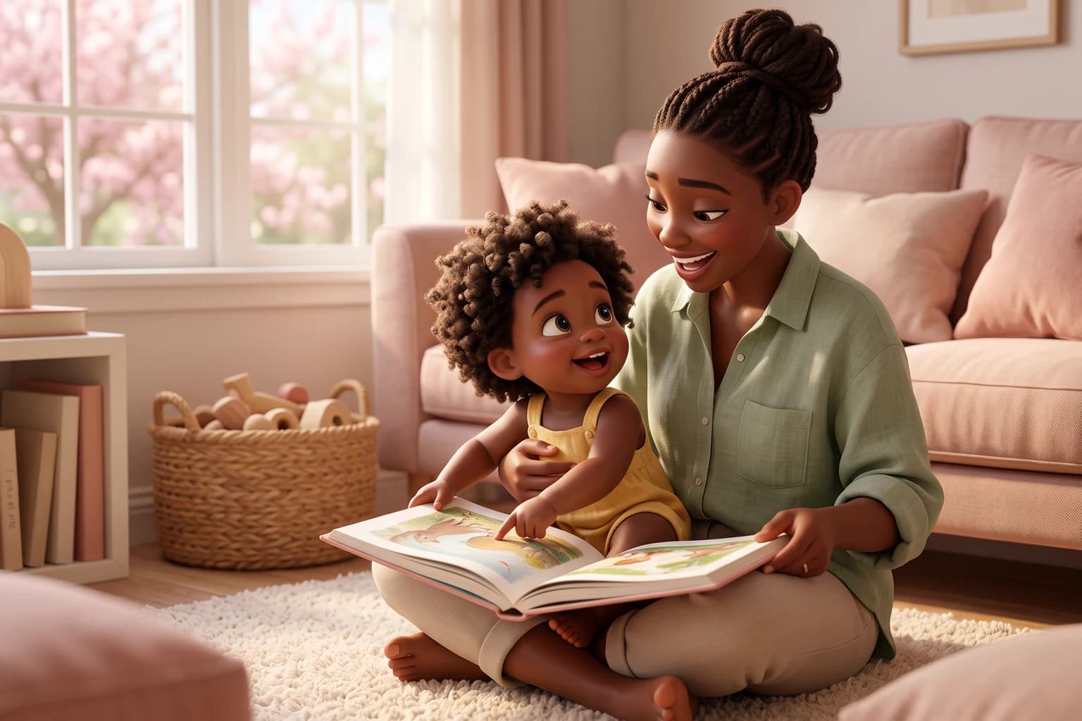 A toddler on her mother's lap presses one finger onto a picture in an open book, grinning up at her mother on a cream rug.