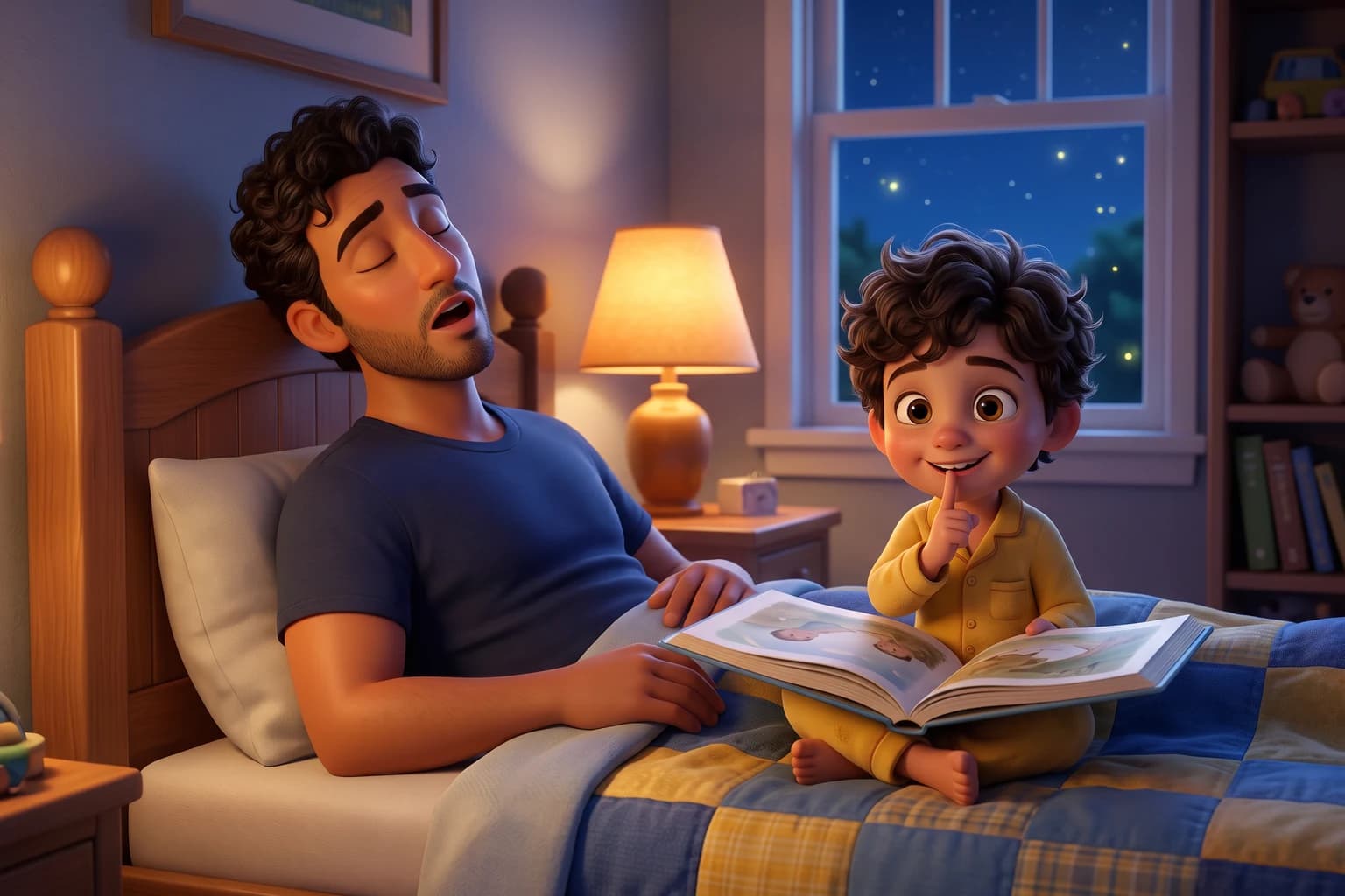 A boy in yellow pajamas holds an open picture book and grins with a finger on his lips while his father has fallen asleep beside him in bed.
