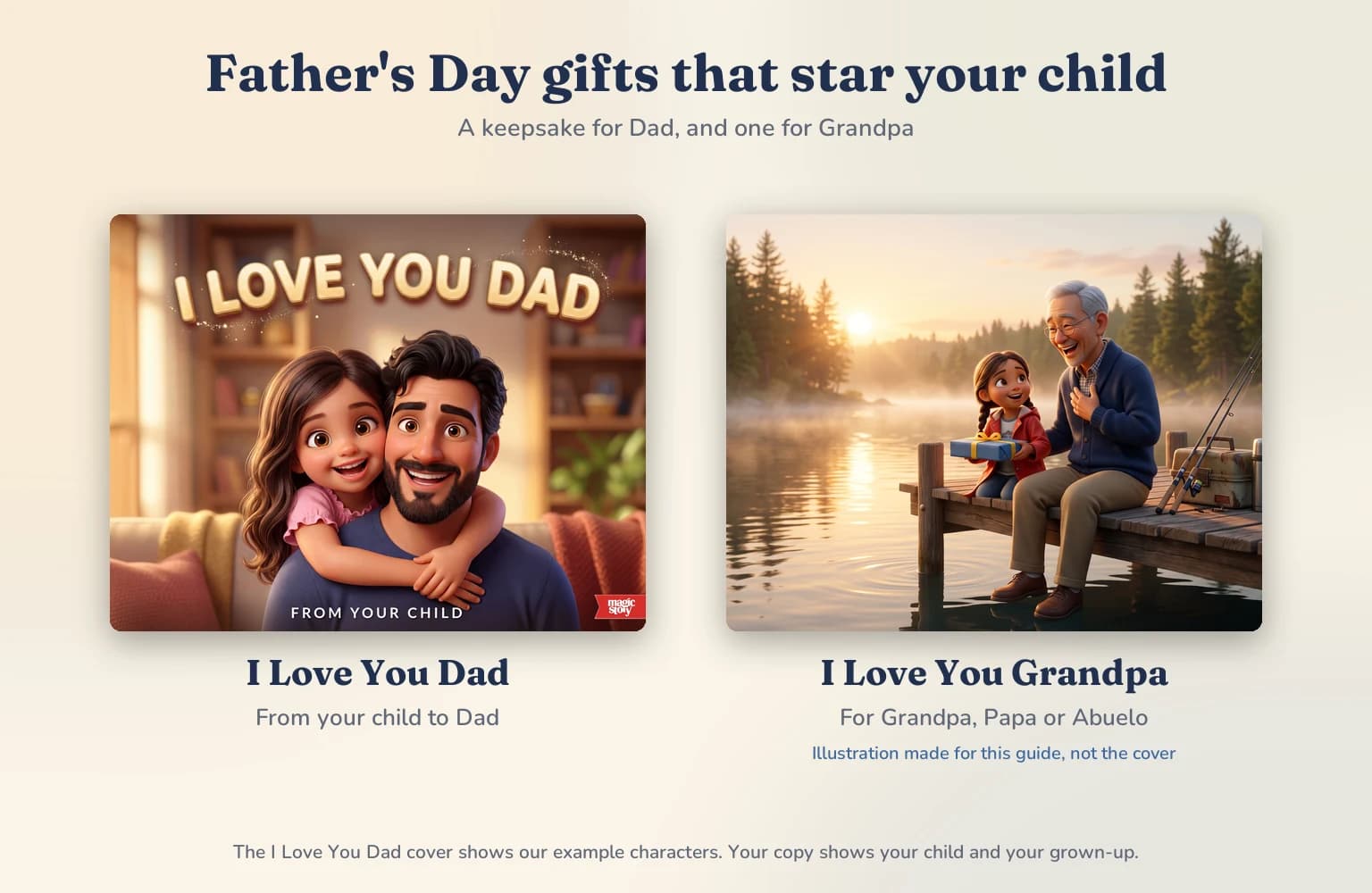 The I Love You Dad cover, with a father and daughter hugging on a sofa, beside an illustration of a grandfather and granddaughter on a lake dock for I Love You Grandpa.