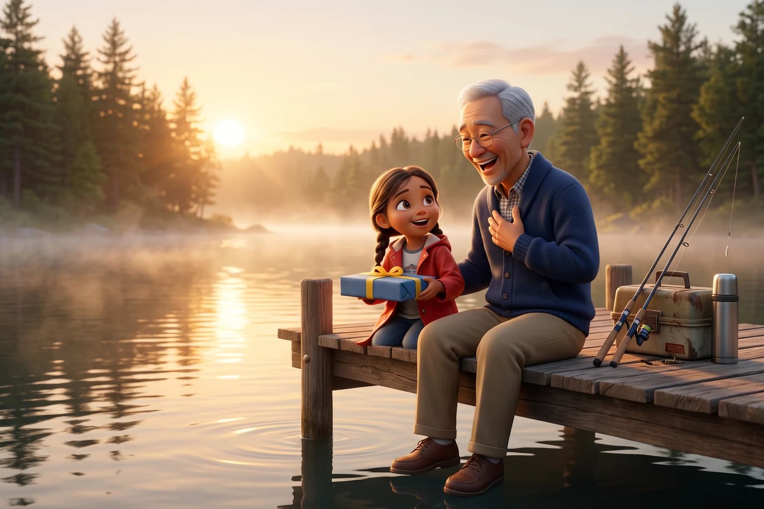 A grandfather in a navy cardigan laughs with a hand on his chest as his granddaughter in a red raincoat hands him a wrapped gift on a lake dock at sunrise.