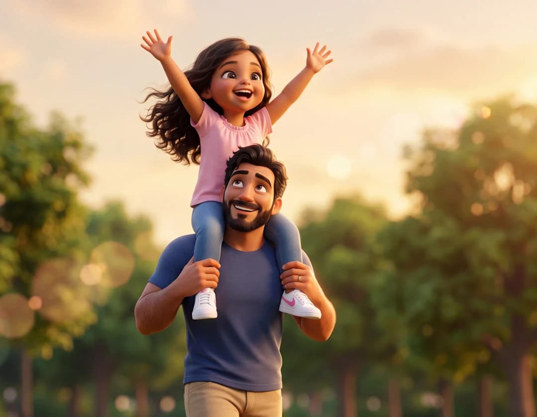 A girl rides on her father's shoulders with both arms in the air against a golden sky in I Love You Dad.