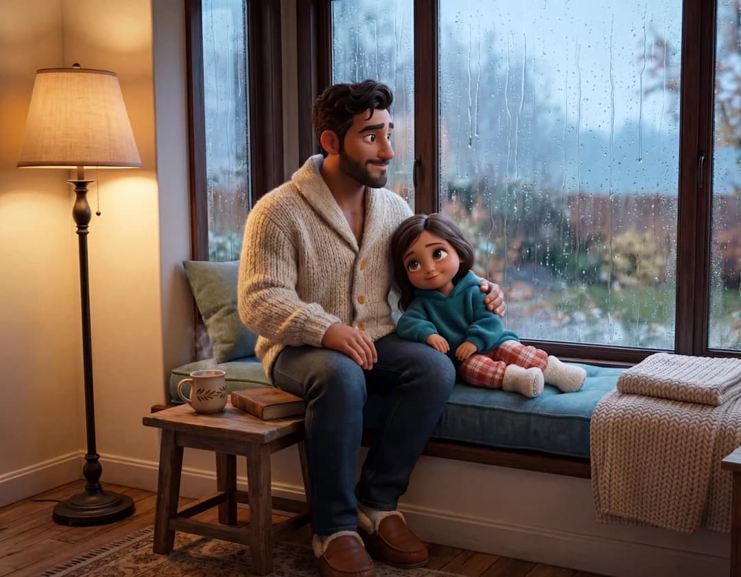 A father and his daughter sit together on a window seat watching the rain in I Love You Dad.