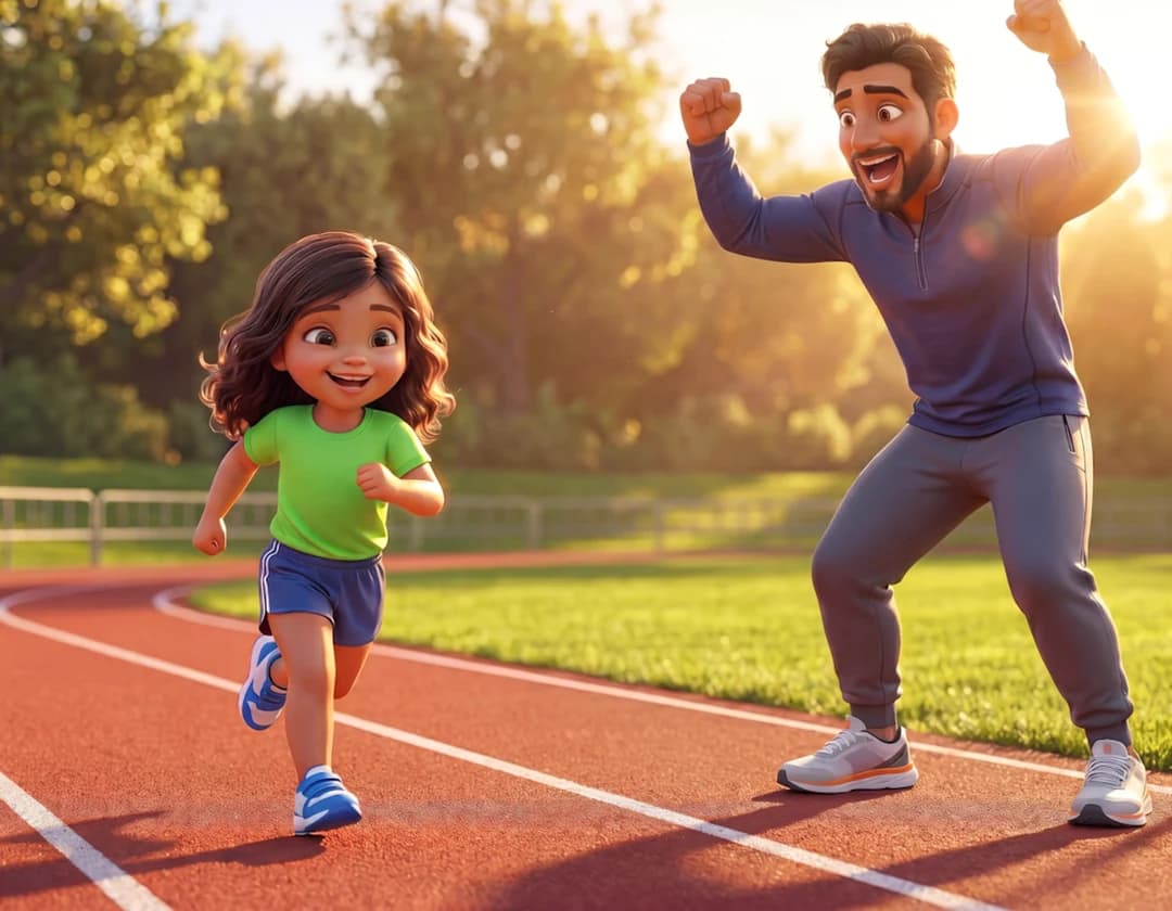 A father cheers with both fists in the air as his daughter runs along a red running track in I Love You Dad.