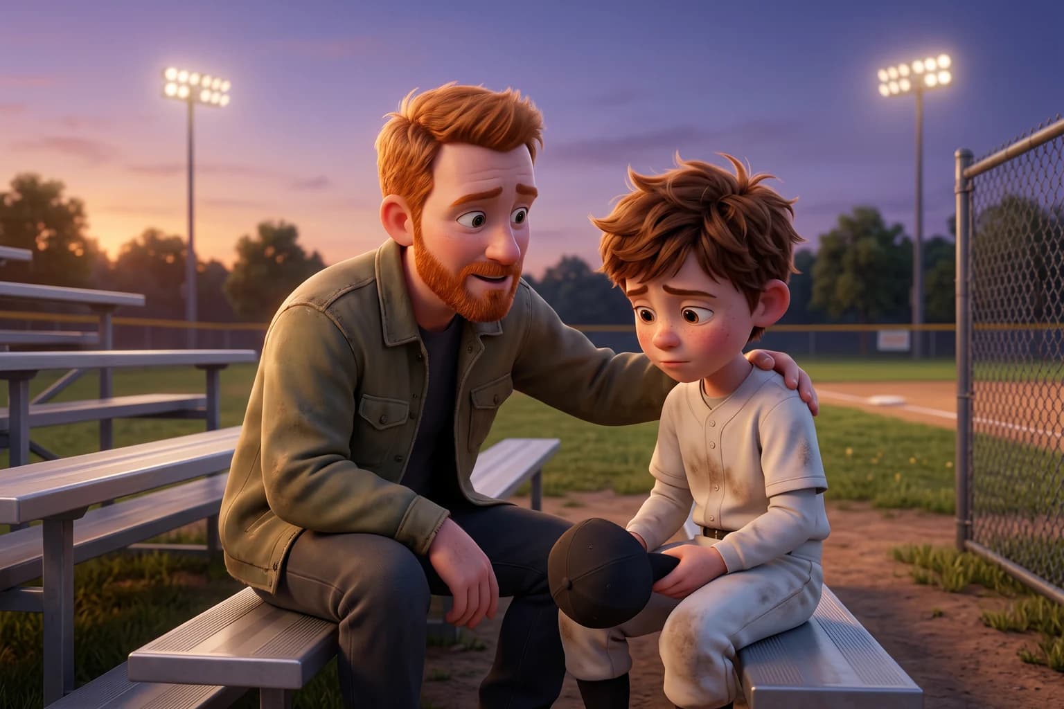 On empty bleachers at dusk, a father with a red beard puts his arm around his son in a dusty uniform, who looks down at the cap in his lap while his dad talks gently.