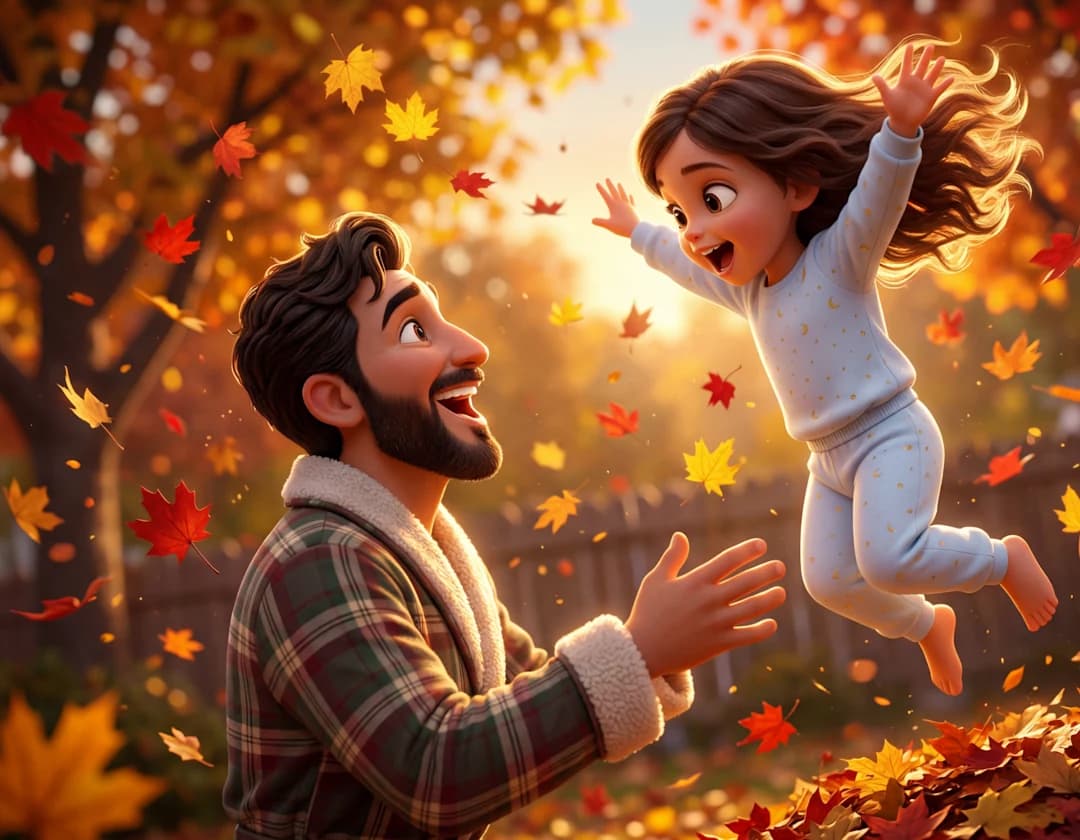 A girl leaps into a pile of autumn leaves as her father holds out his arms to catch her in I Love You Dad.