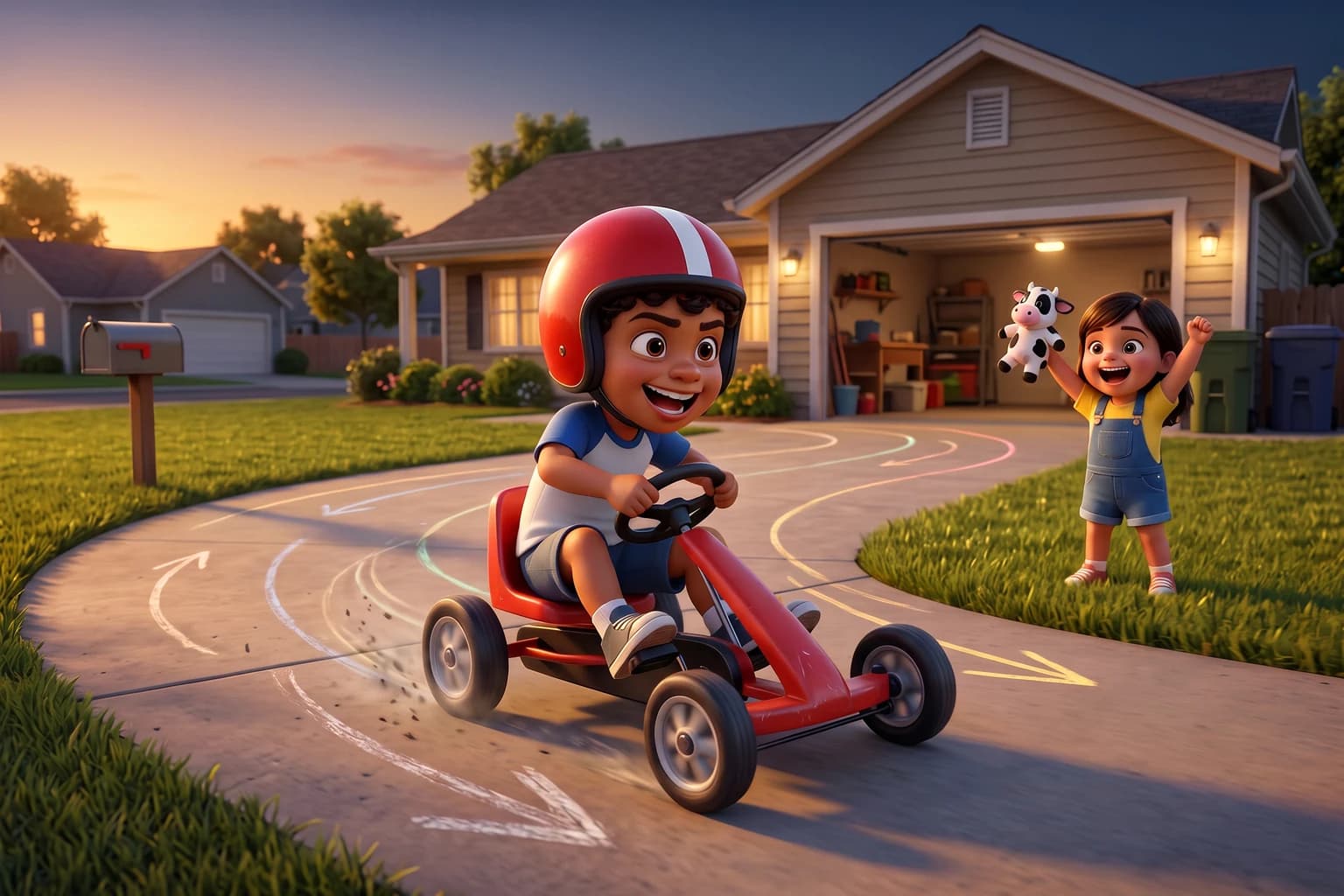A boy in a red helmet pedals a small red go-kart along chalk racetrack lines on a sunset driveway while his little sister cheers from the lawn holding a plush cow.