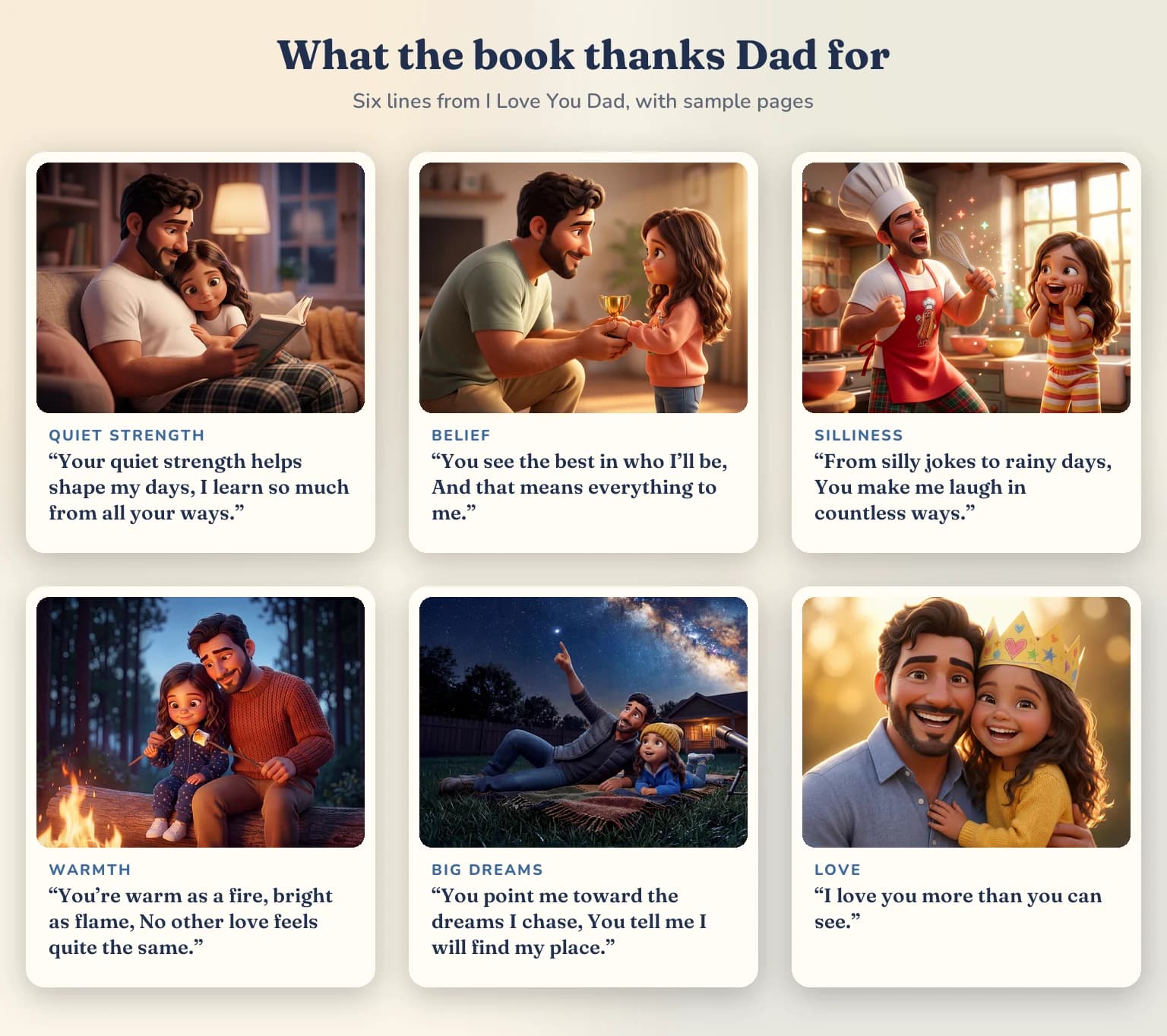 What the book thanks Dad for: six lines from I Love You Dad with sample pages, for quiet strength, belief, silliness, warmth, big dreams and love.
