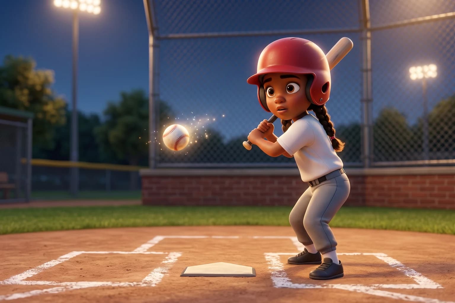 A girl with braids under a red batting helmet stands at home plate under evening field lights, bat cocked, eyes on an incoming baseball.