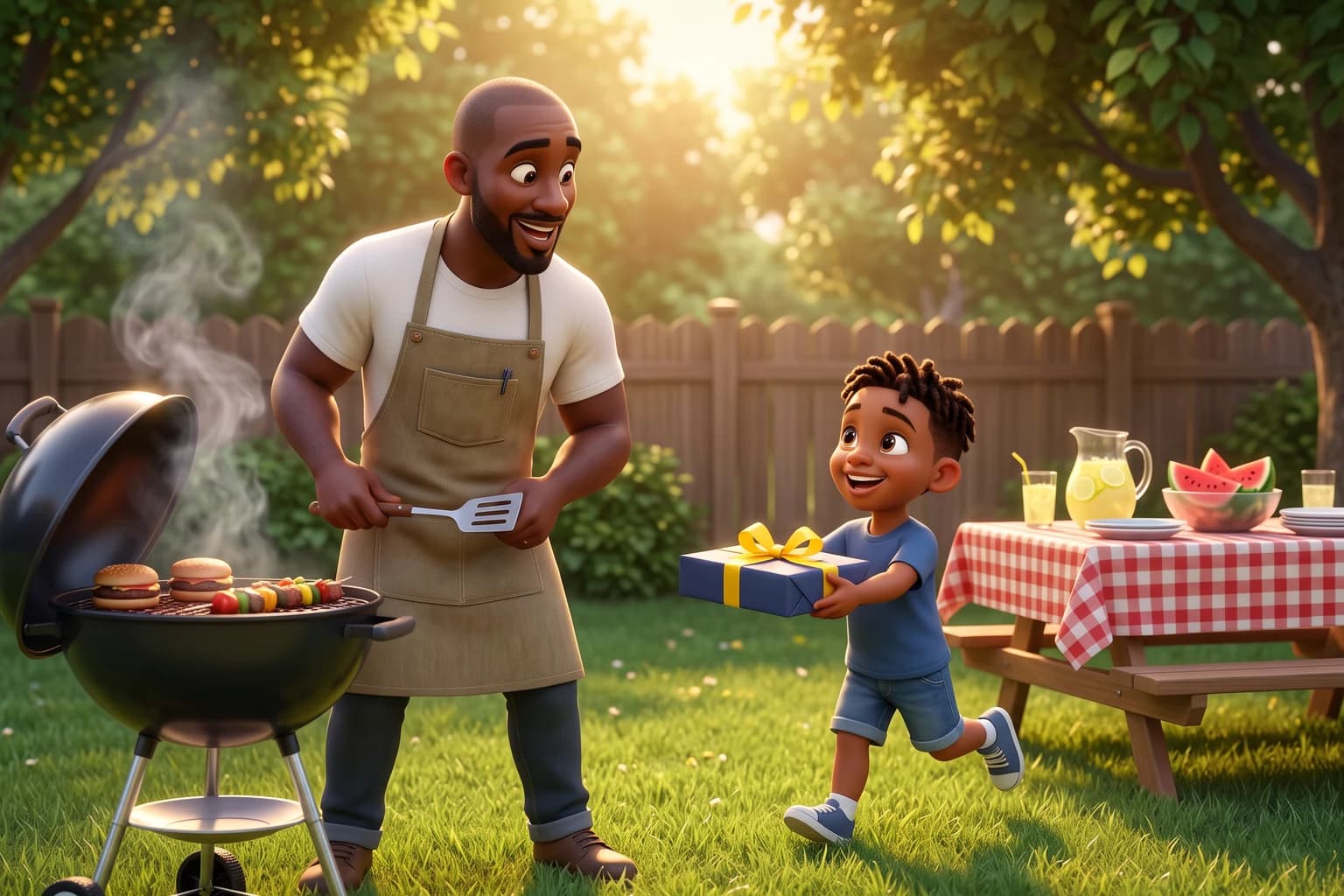 A boy runs across the lawn holding out a wrapped gift with a yellow ribbon as his father turns from the grill in delighted surprise.