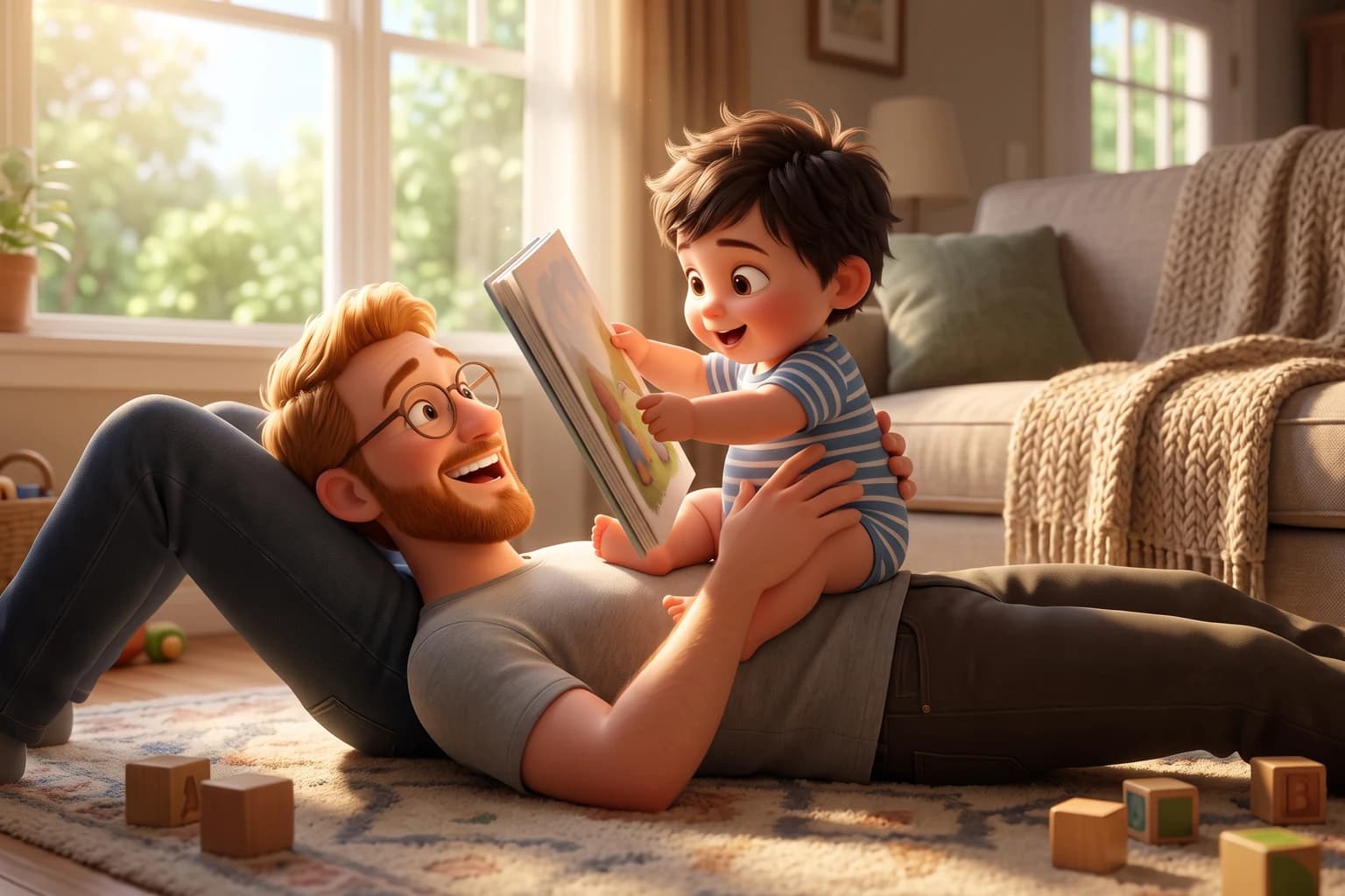 A father with a ginger beard lies laughing on the rug while his toddler son sits on his chest holding up an open picture book.