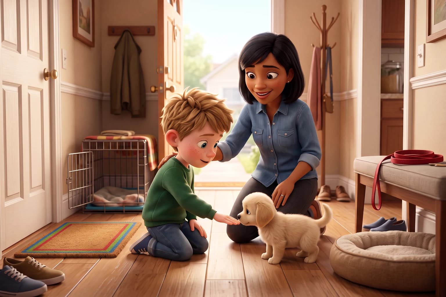 A boy kneels in the hallway holding out a flat, still hand for a fluffy cream puppy to sniff while his mother kneels behind him with a hand on his shoulder.