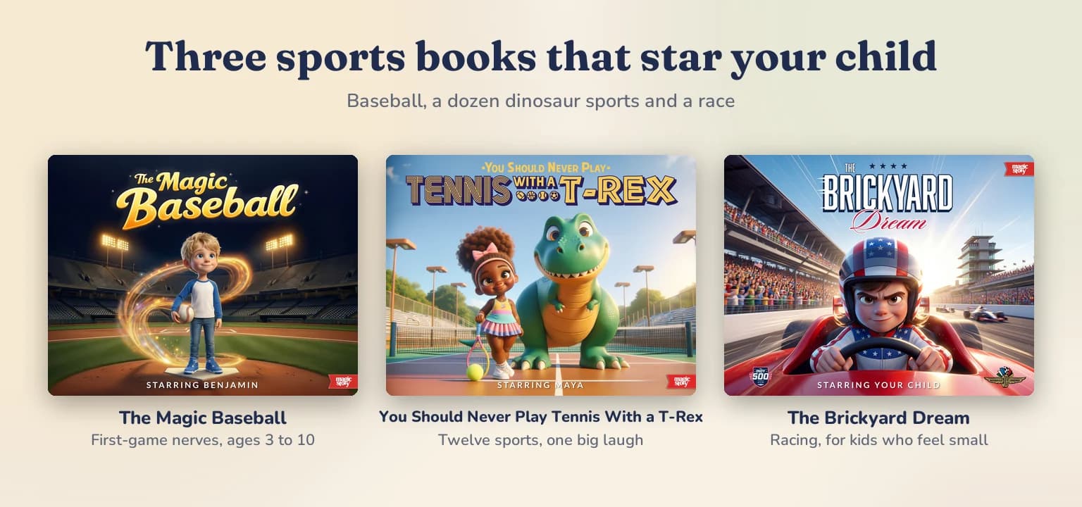 Three book covers: The Magic Baseball, You Should Never Play Tennis With a T-Rex and The Brickyard Dream.