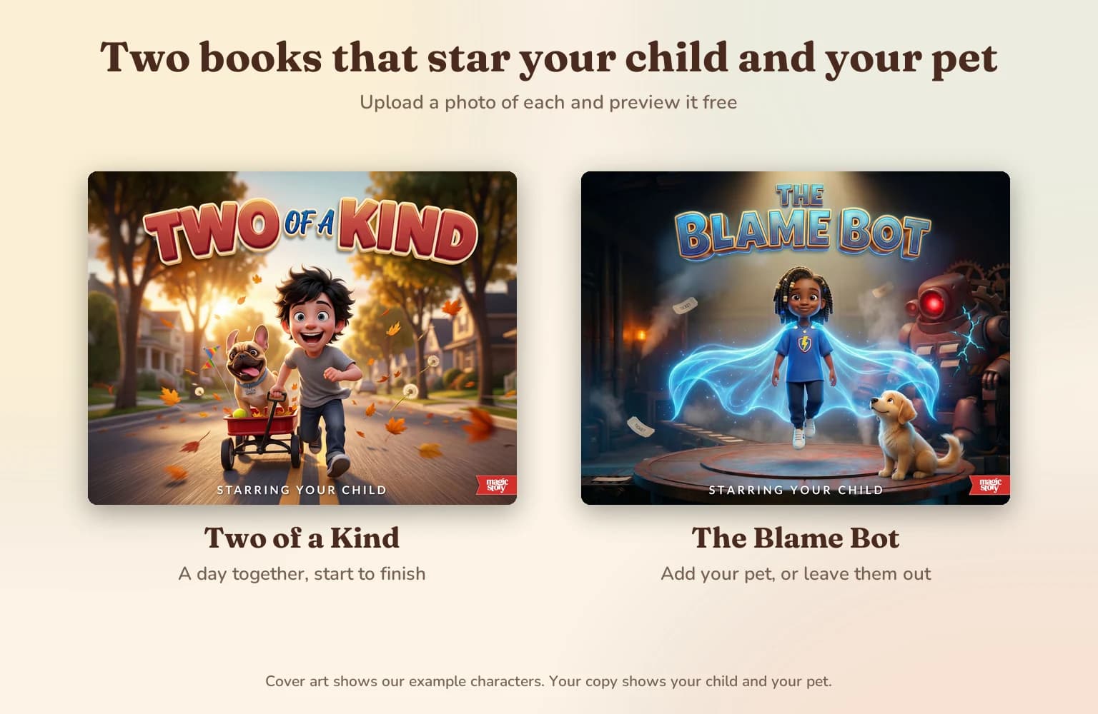 Cover art for two books: Two of a Kind, with a boy and a French bulldog racing down a leafy street with a red wagon, and The Blame Bot, with a girl in a glowing blue cape beside a golden puppy.