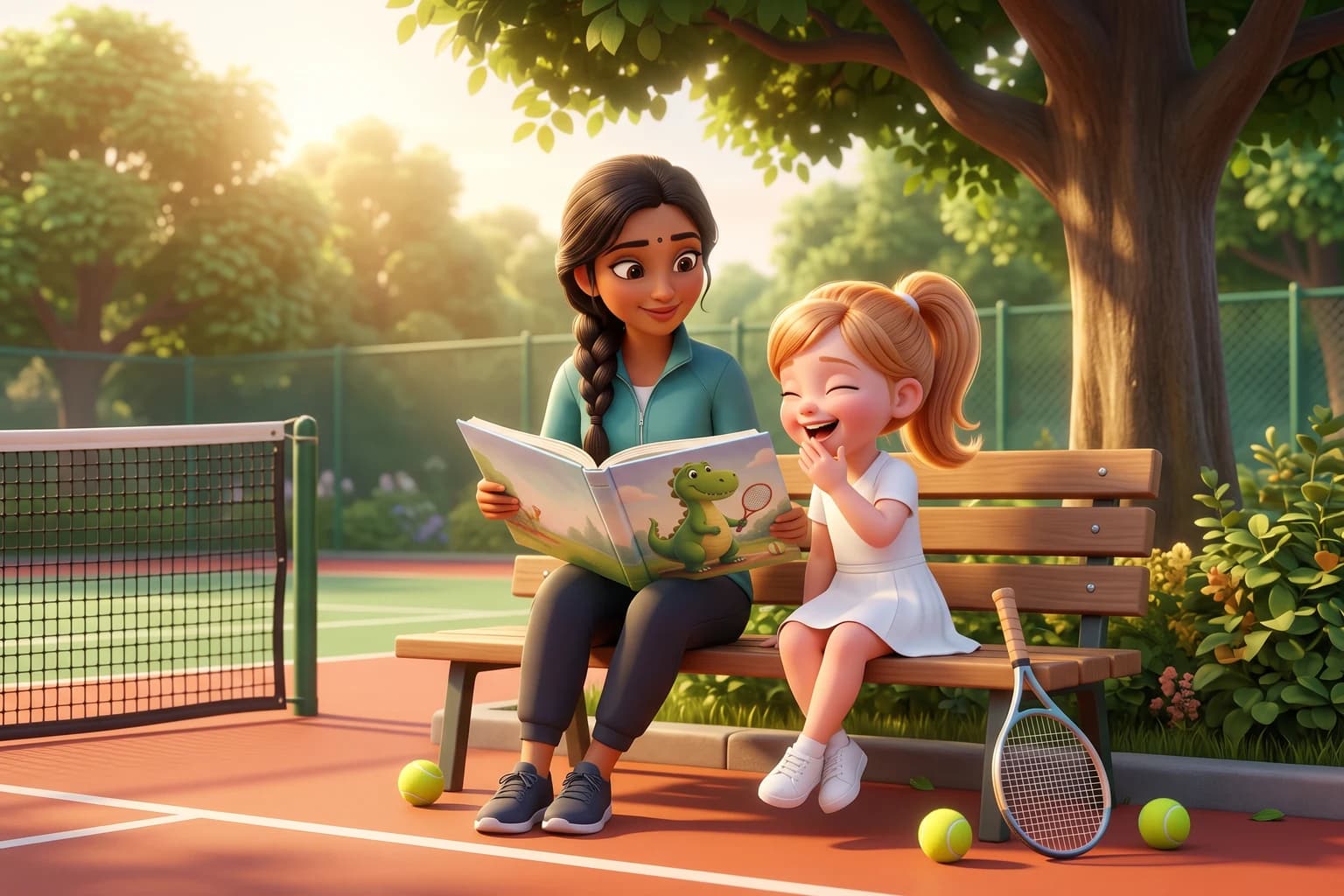 A mother and her young daughter in a white tennis dress sit on a courtside bench laughing at a picture book showing a green cartoon dinosaur with a tennis racket.