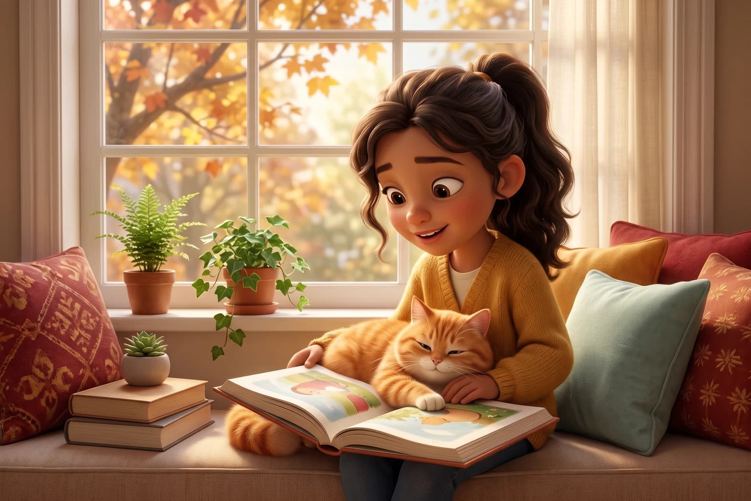 A girl in a mustard cardigan reads a picture book aloud on a sunny window seat with a plump orange tabby cat curled in her lap, one paw on the page.