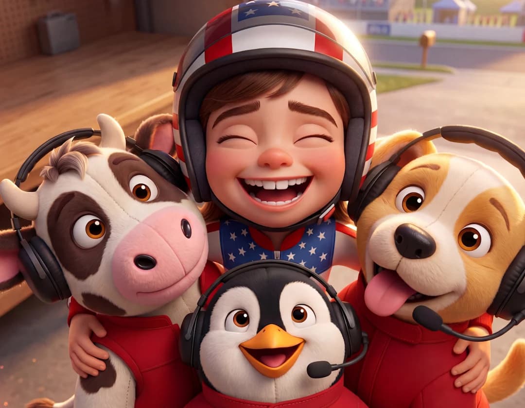 The example child laughs while hugging Buttermilk the Cow, Ralph the Penguin and Lucky the dog, all wearing headsets, in The Brickyard Dream.