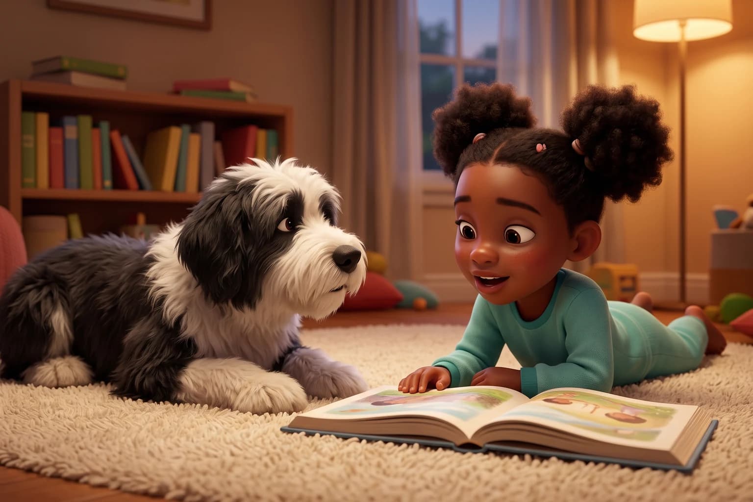 A girl with two afro puffs lies on the rug reading a picture book aloud to a big shaggy sheepdog that rests its chin on its paws and listens.