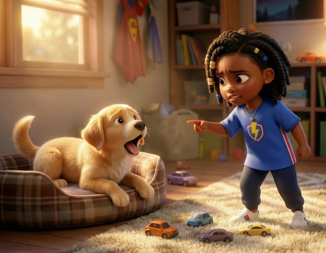 A girl points at a startled golden puppy in its dog bed, with toy cars scattered across the rug, in The Blame Bot.