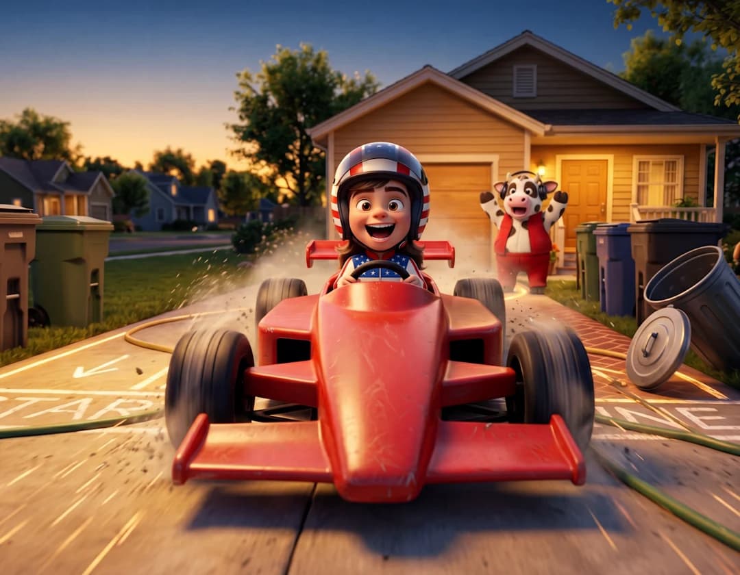 The example child races the red toy car past trash cans down a sunset driveway in The Brickyard Dream.