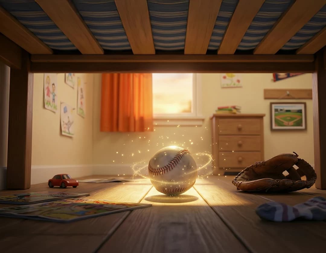 A dusty baseball glows with sparkles under a child's bed, beside a baseball glove, in The Magic Baseball.