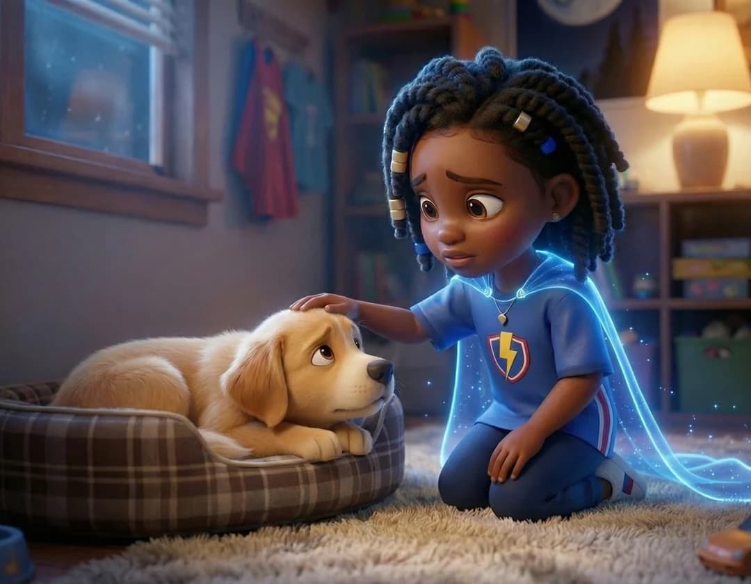 A girl in a glowing blue cape kneels to pat a golden puppy lying in its bed in The Blame Bot.