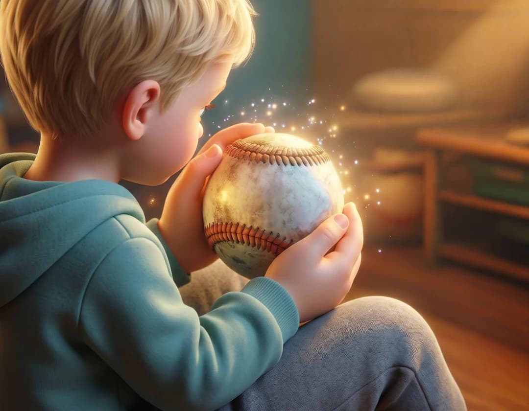 The example child, seen from behind, holds a sparkling baseball close in a warm bedroom in The Magic Baseball.