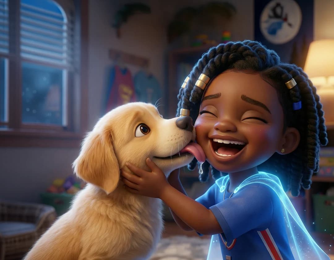 A golden puppy licks a laughing girl's face as she hugs it in The Blame Bot.