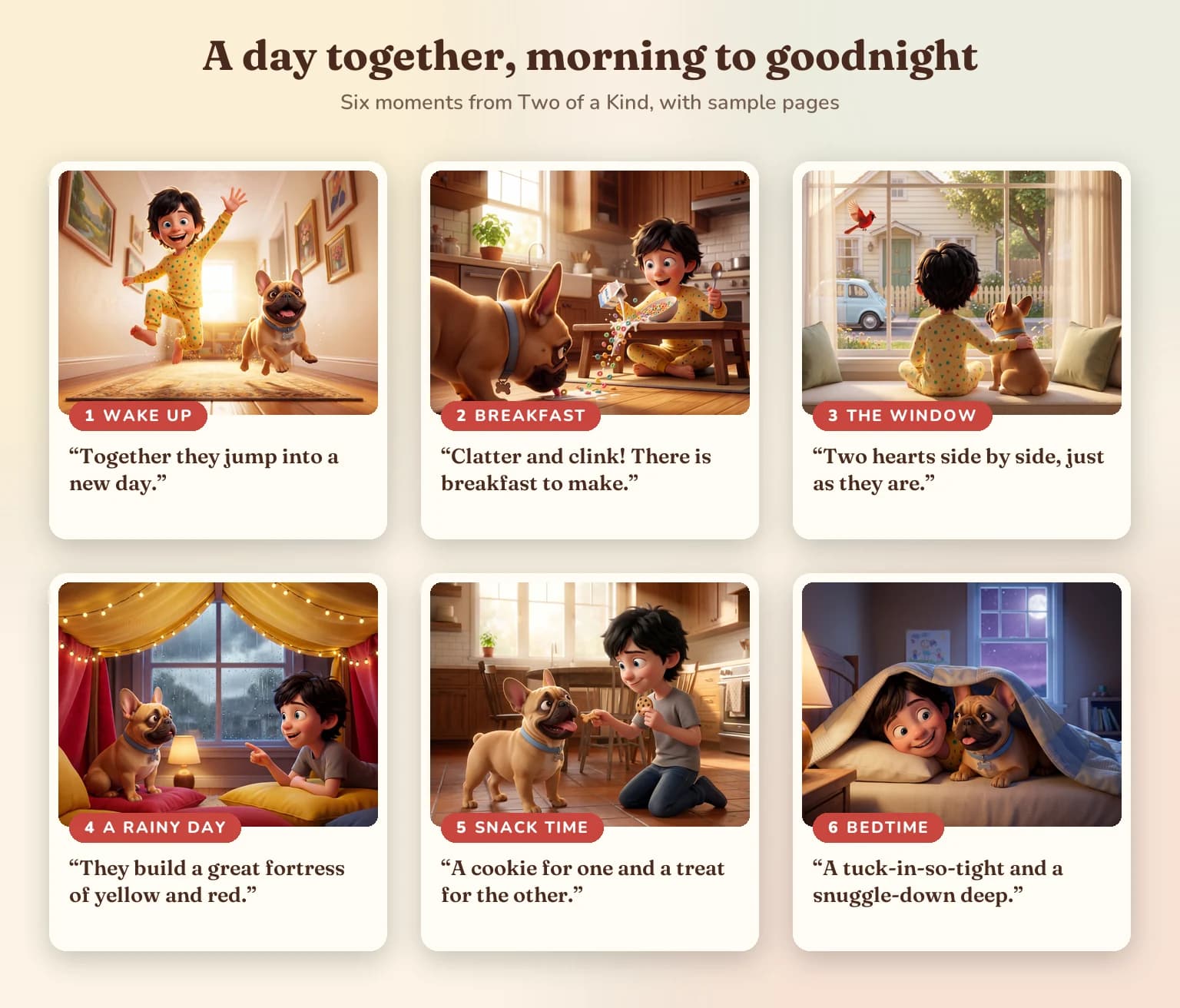 A day together, morning to goodnight: six sample pages from Two of a Kind, from waking up and breakfast to a rainy-day fortress, snack time and bedtime, each with a line from the book.