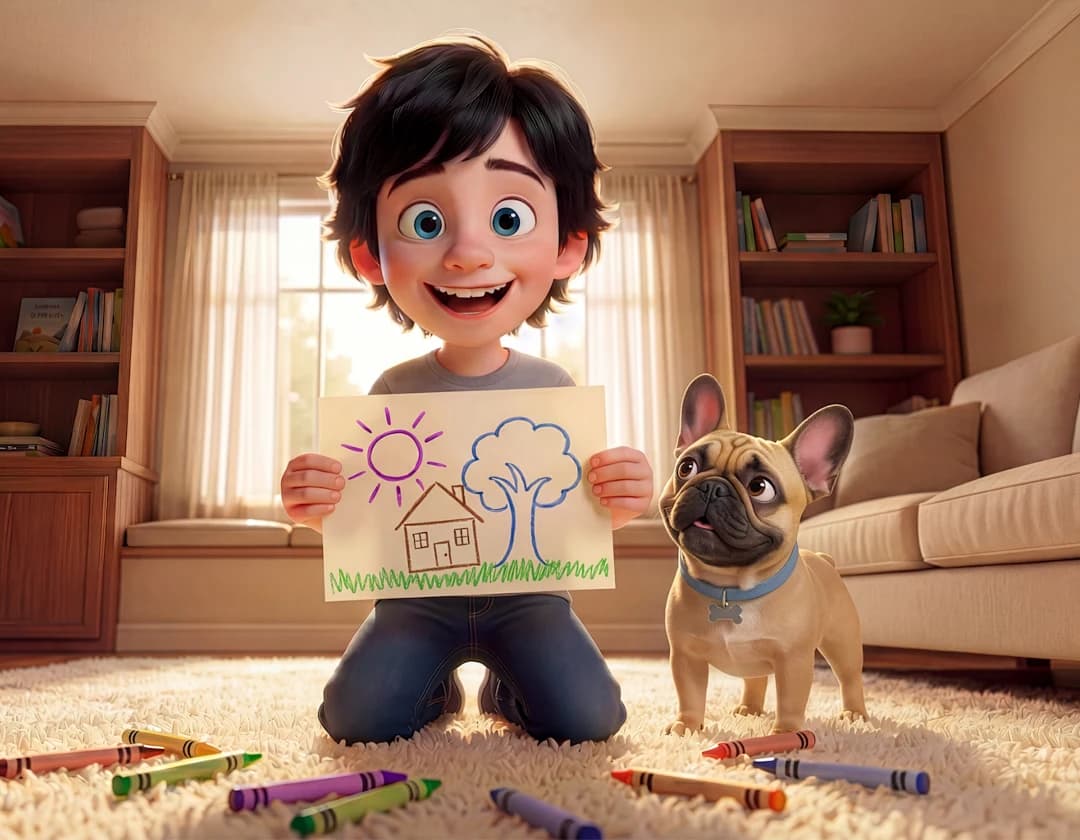 A boy kneels on the rug holding up a crayon drawing of a house and a sun, with a French bulldog sitting beside him in Two of a Kind.