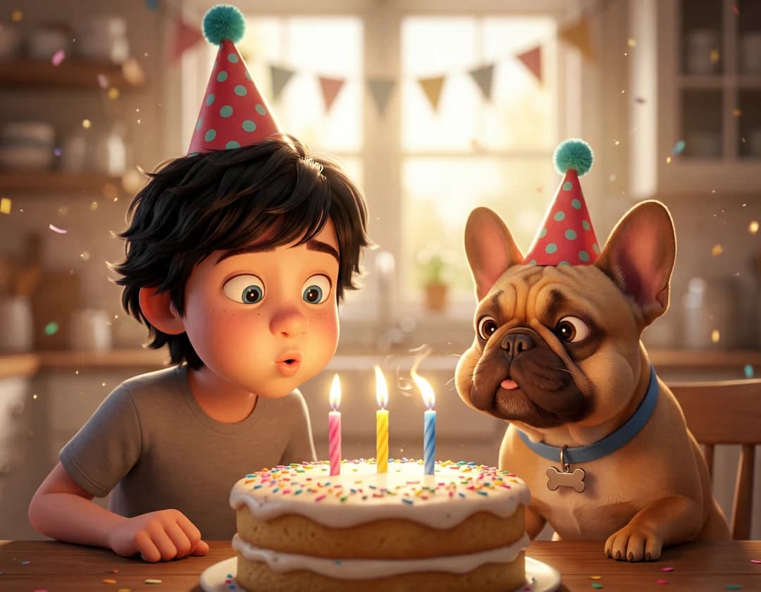 A boy in a party hat blows out birthday candles beside a French bulldog in a party hat in Two of a Kind.