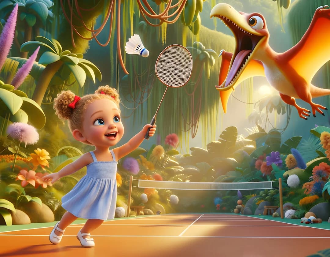 The example child swings a badminton racket as a Pterodactyl swoops toward the birdie on a jungle court in You Should Never Play Tennis With a T-Rex.