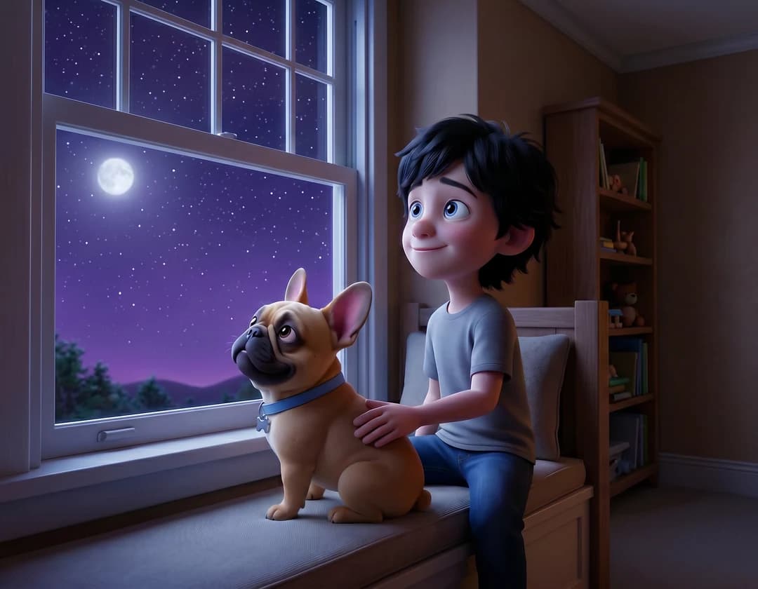 A boy and his French bulldog sit together at a window looking up at a full moon in a starry purple sky in Two of a Kind.