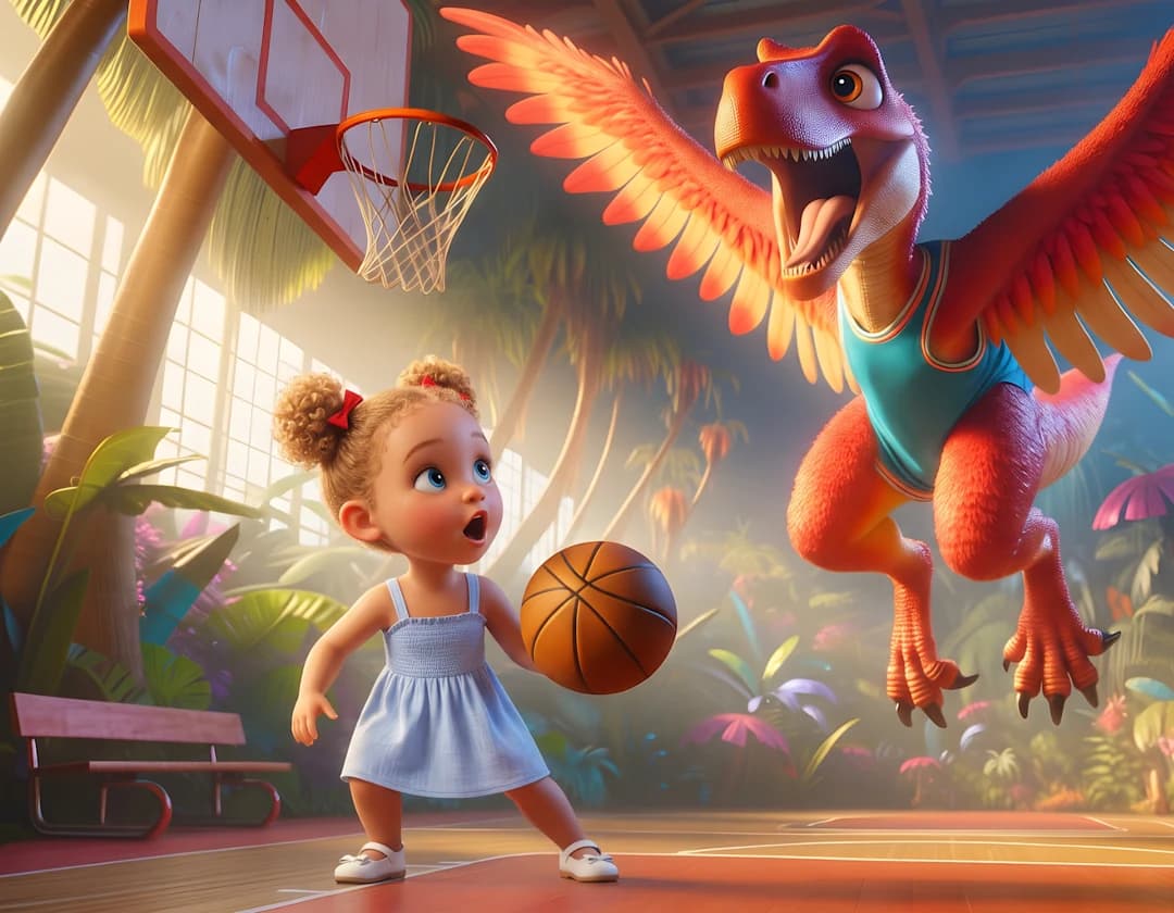 The example child holds a basketball and stares as a feathered Gallimimus leaps toward the hoop in You Should Never Play Tennis With a T-Rex.