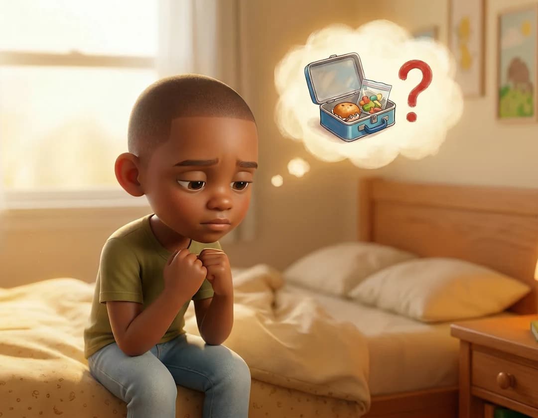 The example child sits on his bed with his chin in his hands, imagining a lunchbox with a question mark, in First Day Hooray.