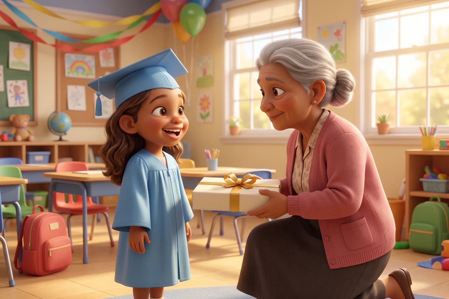 A girl in a small blue graduation cap and gown beams as her grandmother kneels to hand her a wrapped gift with a gold bow in a kindergarten classroom decorated with streamers and balloons.