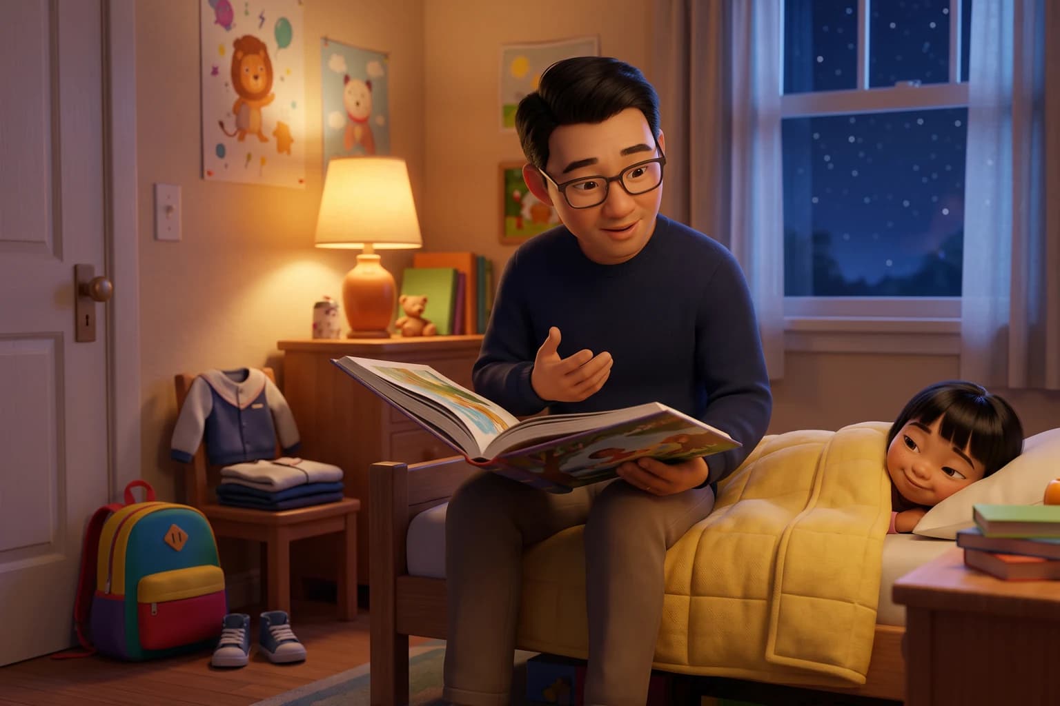 On the night before school, a father with glasses reads a picture book to his sleepy daughter tucked under a yellow quilt, with her new backpack and sneakers waiting by the door.