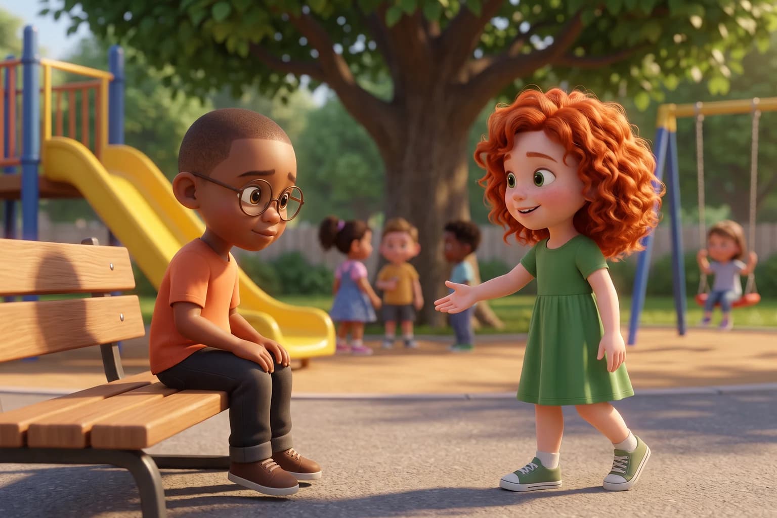 On a school playground, a girl with red curls walks up smiling and holds out her hand to a shy boy with glasses sitting alone on a bench.
