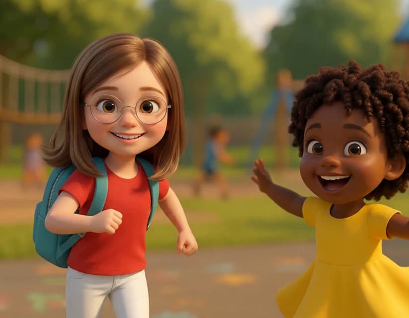 The example child, a girl with glasses and a teal backpack, runs across a playground with a new friend in a yellow dress in The Friendship Spark.